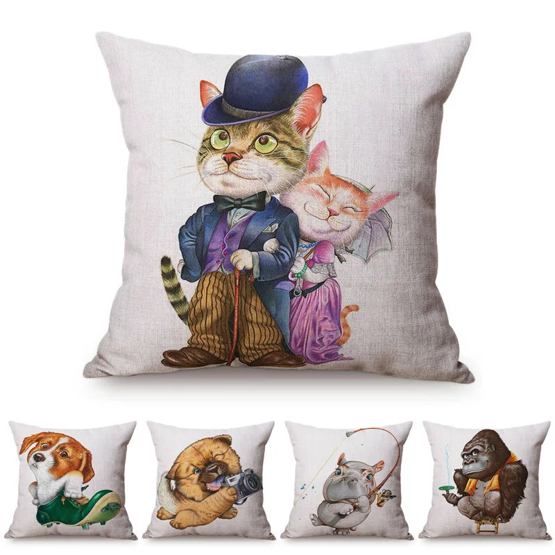 Funny Cute Cat Fishing Puppy Water Color Decorative Sofa Throw Pillow Cover Ape Gorilla Animals Linen Cotton Chair Cushion Cover