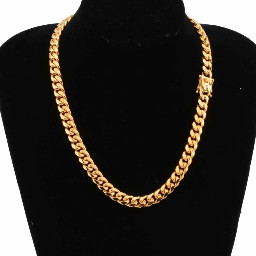 Hip hop Men Miami Cuban Curb Link Chain Necklaces Bracelet Stainless Steel 18K Gold Plated Lock Clasp Jewelry Set Size 12mm