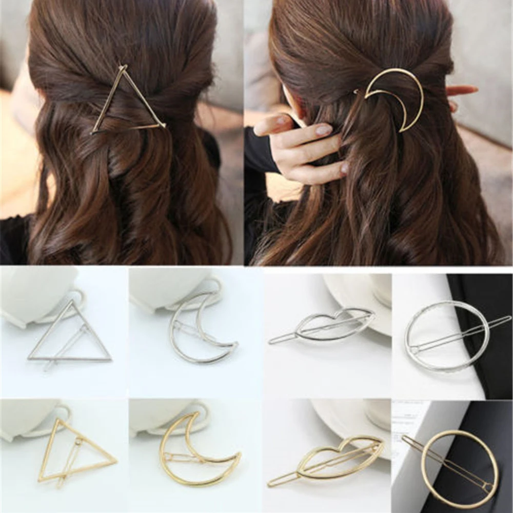 2022 New Fashion Women Girls Gold/Silver Plated Metal Triangle Circle Moon Hair Clips Circle Hairpins Holder Hair Accessories