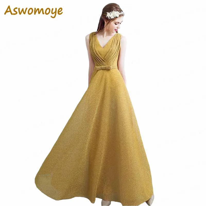 

Aswomoye Shinning Evening Dress 2018 Autumn Black A-Line Prom Dress Sexy V-Neck Formal Party Dress with Sashes Vestido de festa