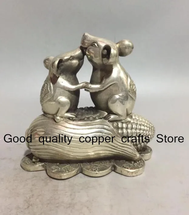 

Collectible archaize white copper Two rats eat corn statue