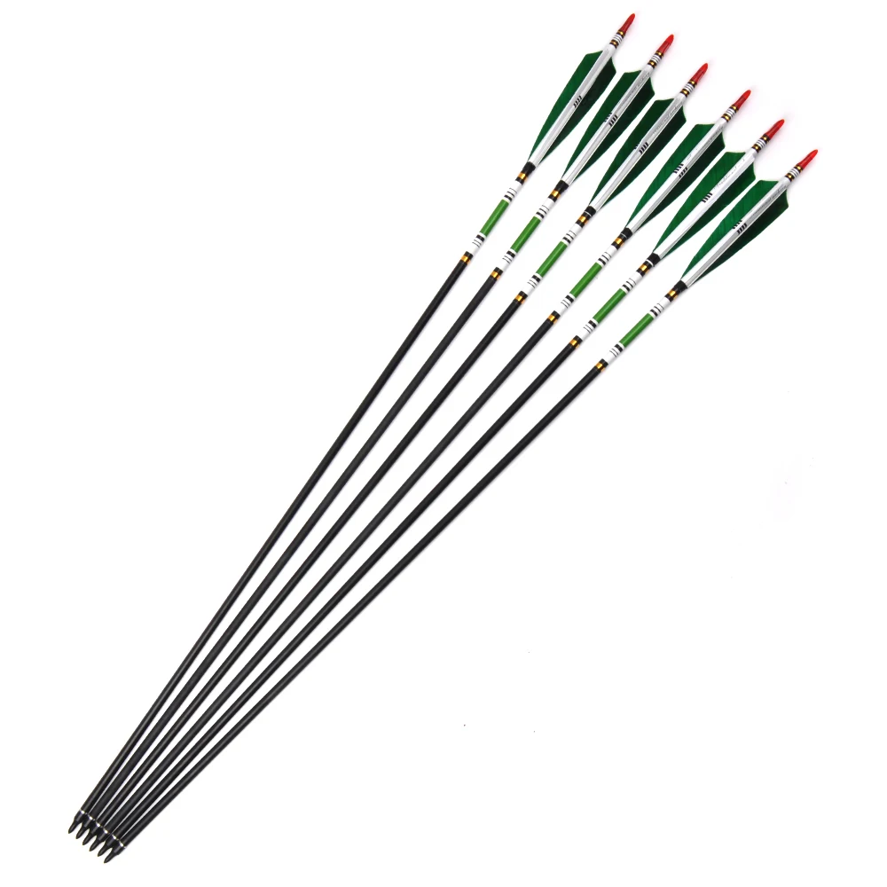 6/12/24pcs 85cm Spine 500 Carbon Arrows with 2 Green 1 White Turkey Feather White Green Stickers for Hunting Shooting Archery