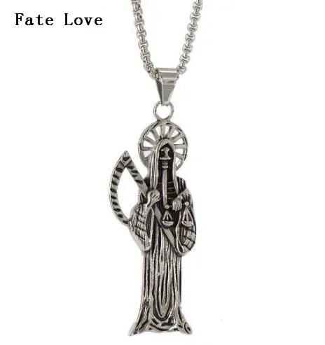 Fate love  Jewelry  High Quality Holy Saint Death Santa Muerte Skull Delicate Pendant Stainless steel Rolo Chian Necklace 24\'\'