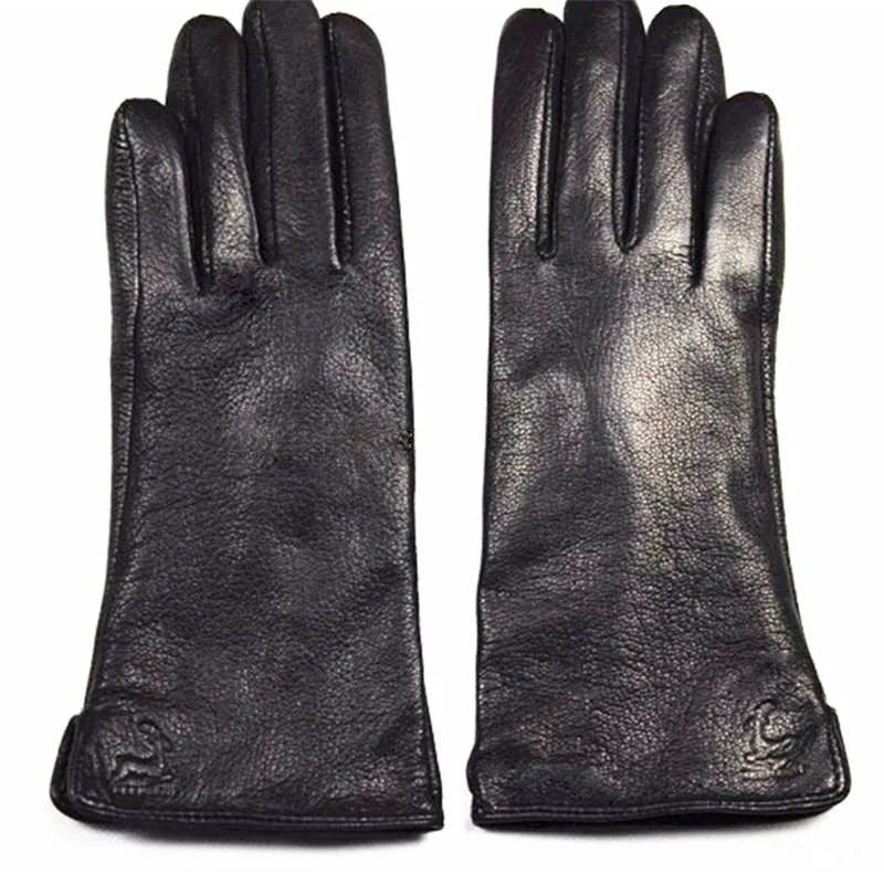 Goatskin Gloves Female Deerskin Pattern Thin Straight Board Style Autumn and Winter Thick Windproof Warmth Cold Gloves