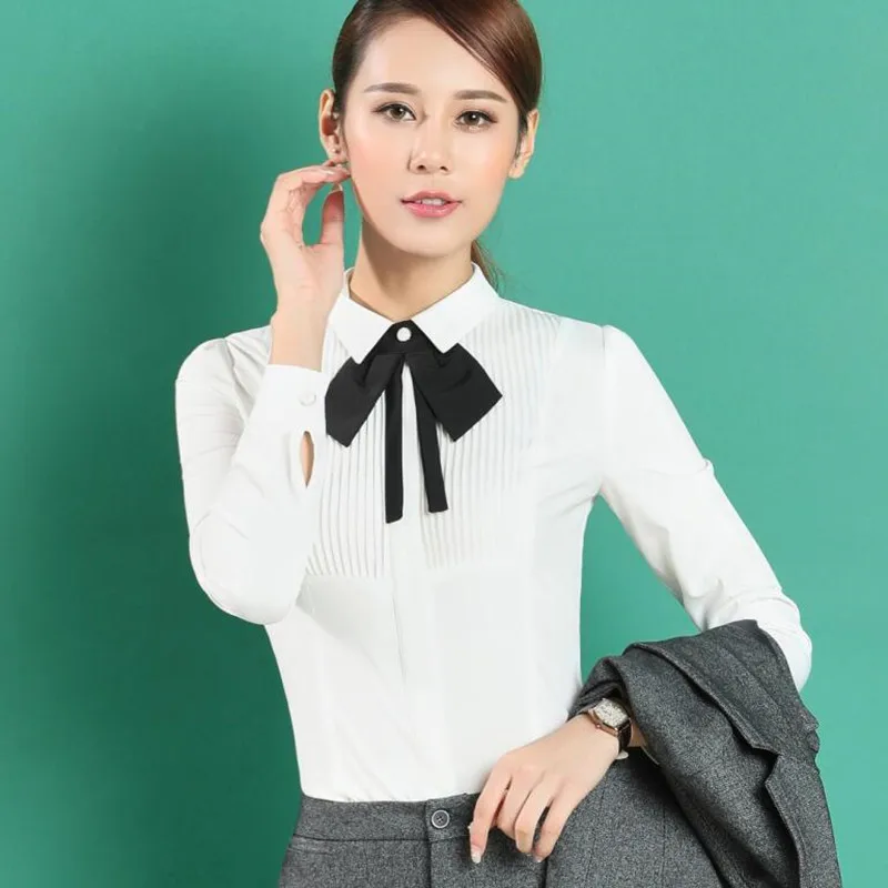 New Spring Elegant Bow Tie Women White Shirt OL Formal Slim Long-Sleeve Chiffon Blouses Office Ladies  Work Wear Tops