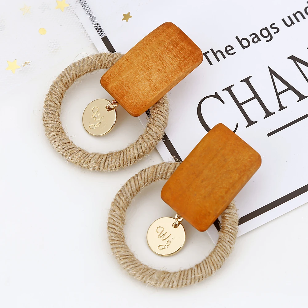 YAOLOGE 2019 Vintage Rattan Wooden Drop Earrings Handmade Geometric Bamboo Round Party Statement For Women Bar Jewelry Wholesale