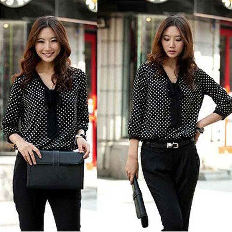 Women Polka Dot Tops Casual V Neck Blouse Summer Spring Tie Neck Bow Chiffon Blouses Shirt Black Ladies Plus Size Loose Clothing