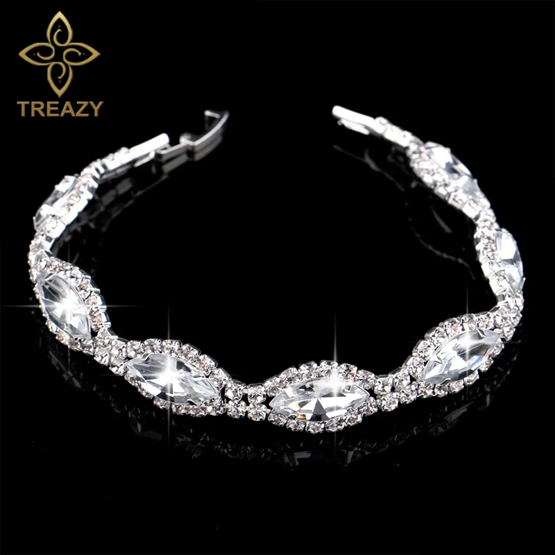 TREAZY Luxurious Rhinestone Crystal Bracelet & Bangle for Women Silver Plated Bridal Bracelets Wedding Jewelry Accessories