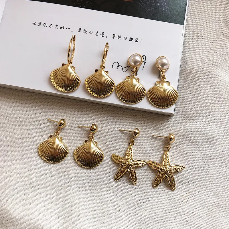 Vintage Small Shell Starfish Dangle Earrings Statement Europe Gold Color Drop Earring for Women Girl Wedding Party Jewelry 2019