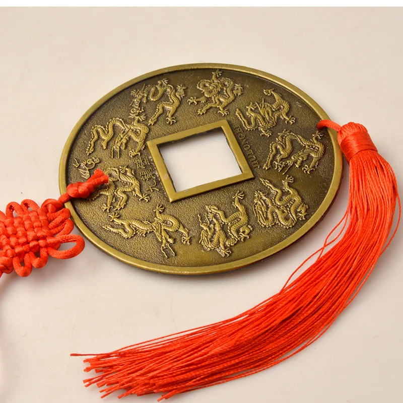 Chinese knot Vintage Lucky Wealth Fortune Fengshui Qing Copper Coins  Amulet of Good Luck Metal Pendant Home Decoration Art 10cm