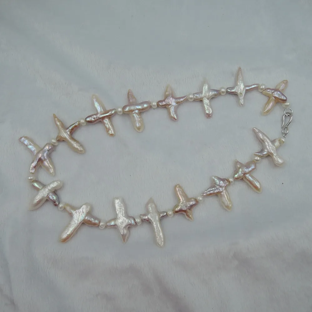 100% NATURE FRESHWATER Baroque CROSS  PEARL NECKLACE-good quality