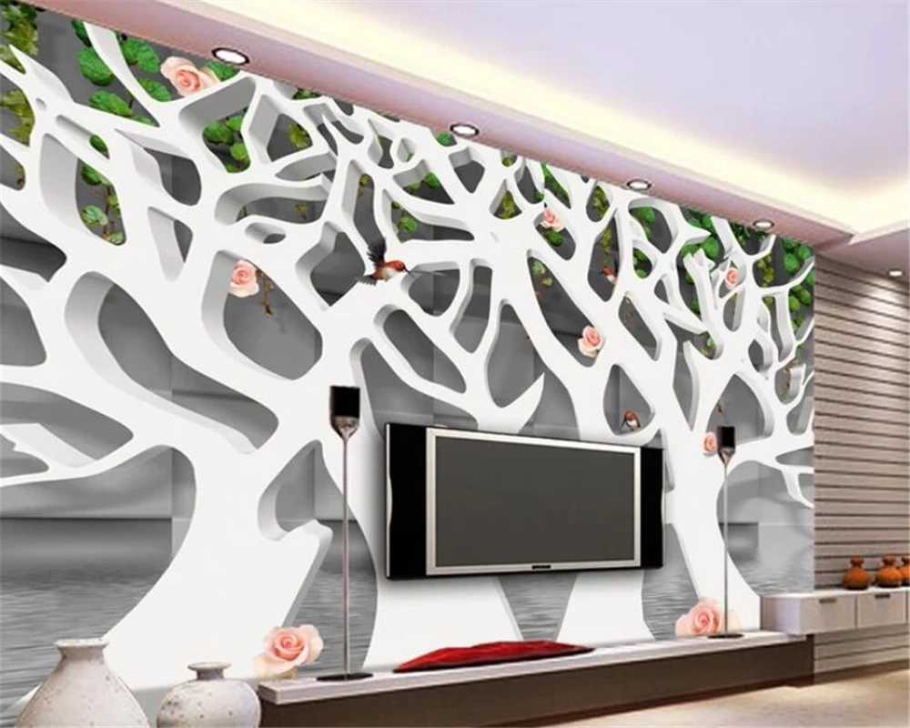 

Beibehang Custom wallpaper 3d white abstract tree red rose squares TV background wall murals wallpaper for wall 3 d papier peint