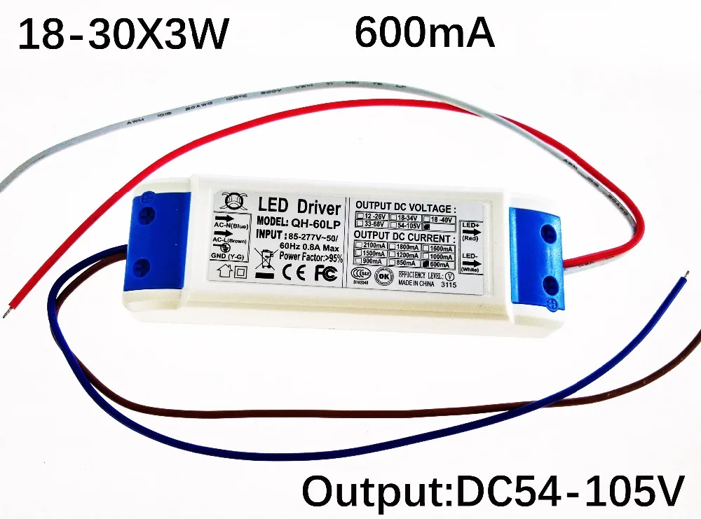 

18-30*3W Led Driver 60W/70W/80W/90W Lamp Driver Power Supply Light Transformer ceillling downlight driver AC85-265V Output 600mA