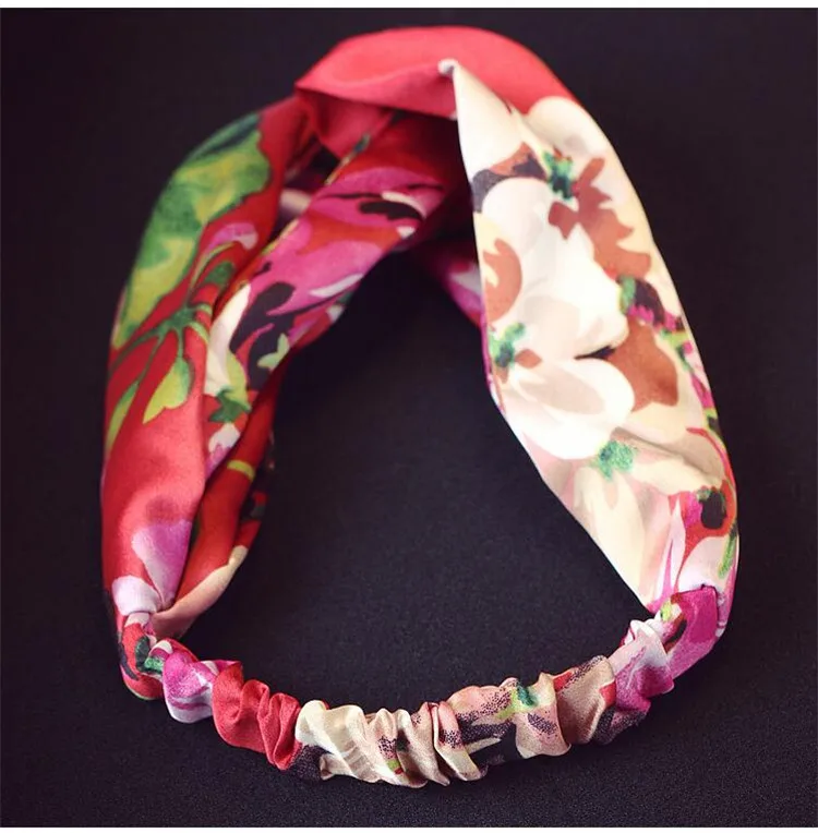 500p!Geranium Printed Silk Elastic   Headbands,Women Lady Girl Fashion Ethnic Floral Wide Stretch Hair Band Accessories