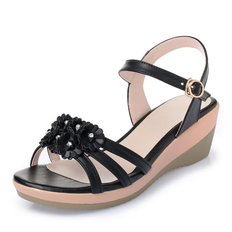 

2024 Light And Comfort Classic Flowers Fashion Sandals Women Shoes Plus Size Genuine Leather Sandals Wedges Summer Women Sandals