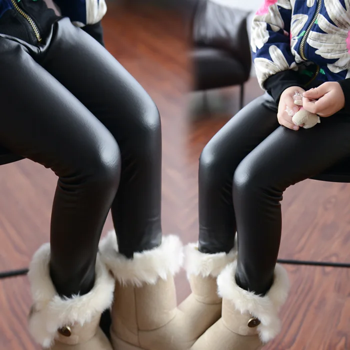 New Winter Girl Add Wool Imitation Leather Leggings Big girls Black Leggings Plush Leather Pants