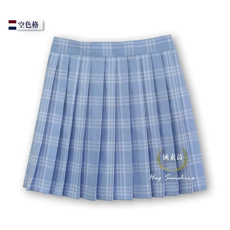 Water blue hollow lattice Grid Womens Pleated skirt New High quality Plaid High waist uniform skirt