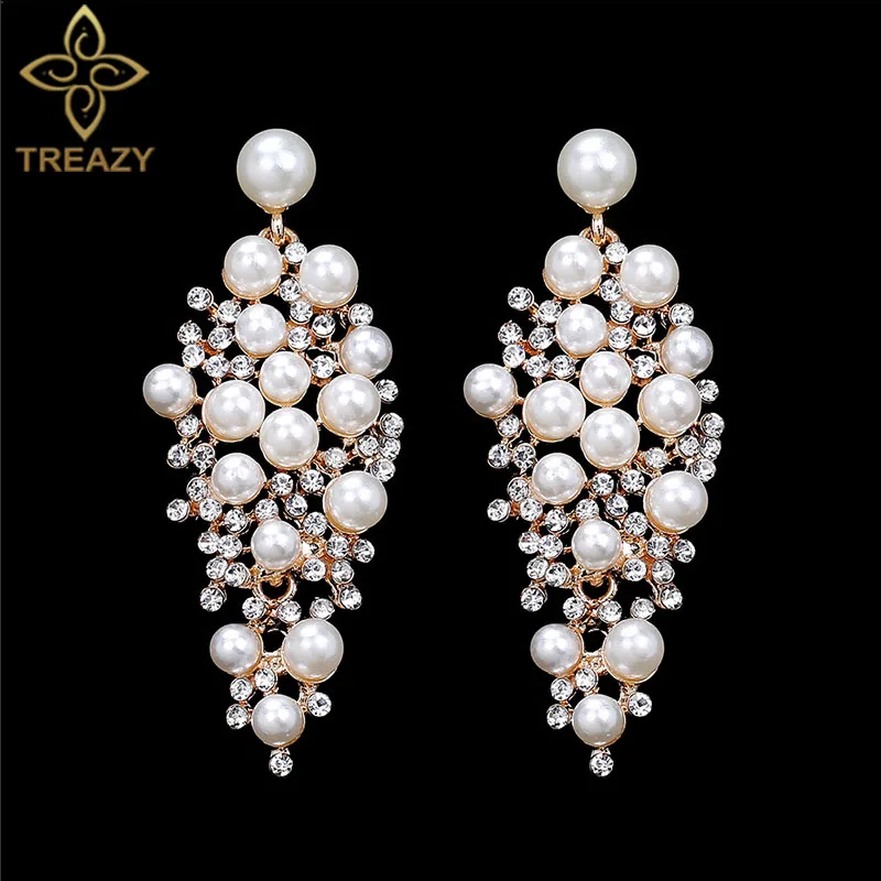 Treazy brincos de noiva cor dourada, brincos de pérola simulada de cristal para mulheres, festa de casamento, joias, presente