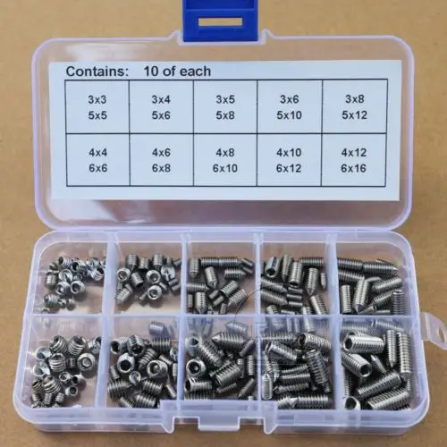 

200Pcs 304SS M3 M4 M5 M6 Cone Point Allen Head Hex Socket Screws Assortment Kit