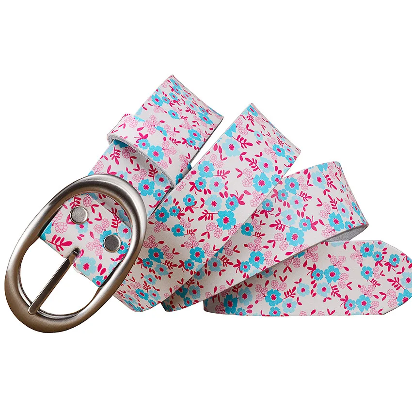 Genuine leather belts for women Fashion printing blue floral woman belt Quality Pin buckle cowskin strap female width 3.5 cm