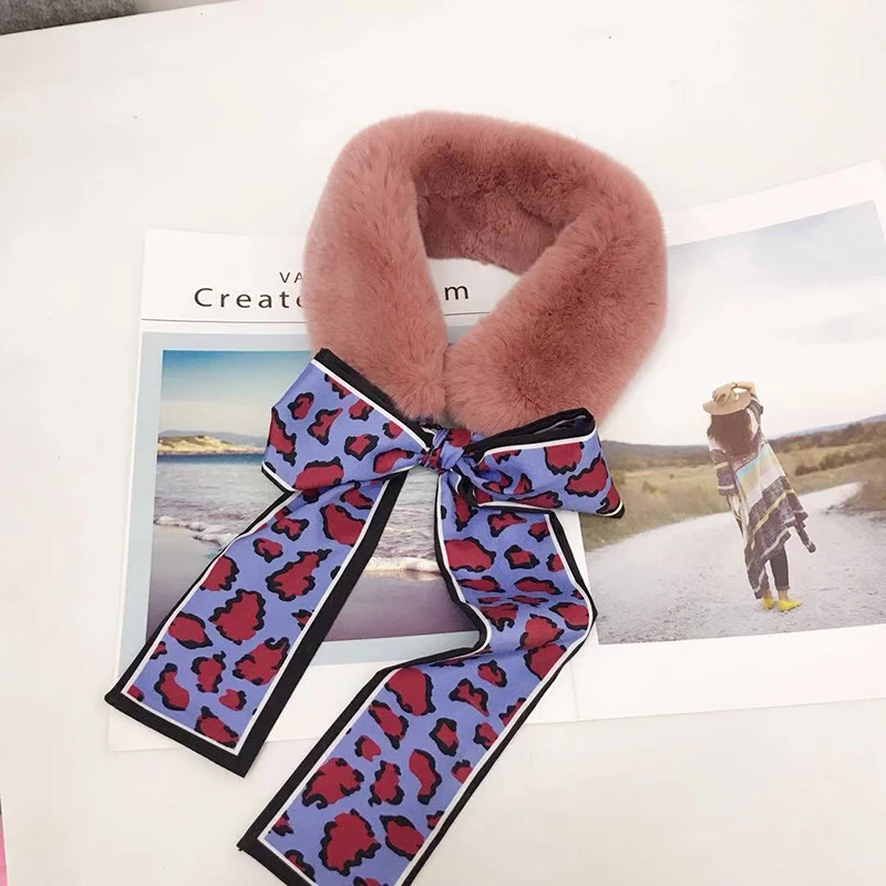 

New scarf female winter net red Korean version of the wild leopard butterfly bow really rabbit fur collar ribbon fur collar