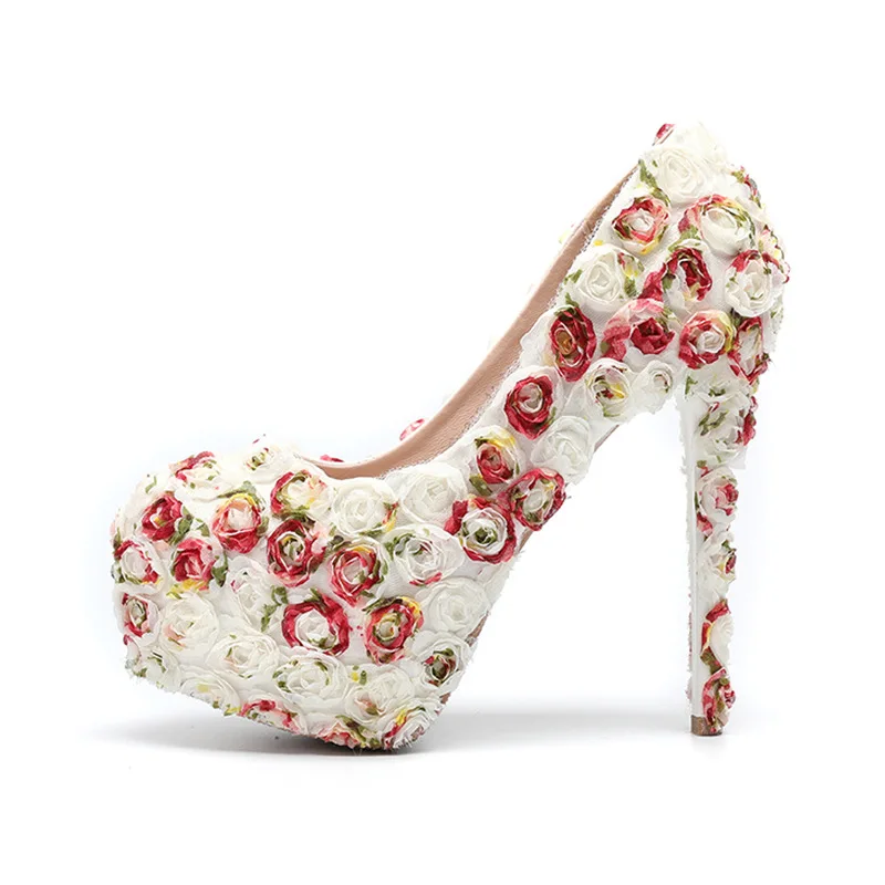 Fashion new wedding shoes lace and floral heels  Stiletto shaokou wedding shoes round head pad bridesmaid shoes 34 and 43