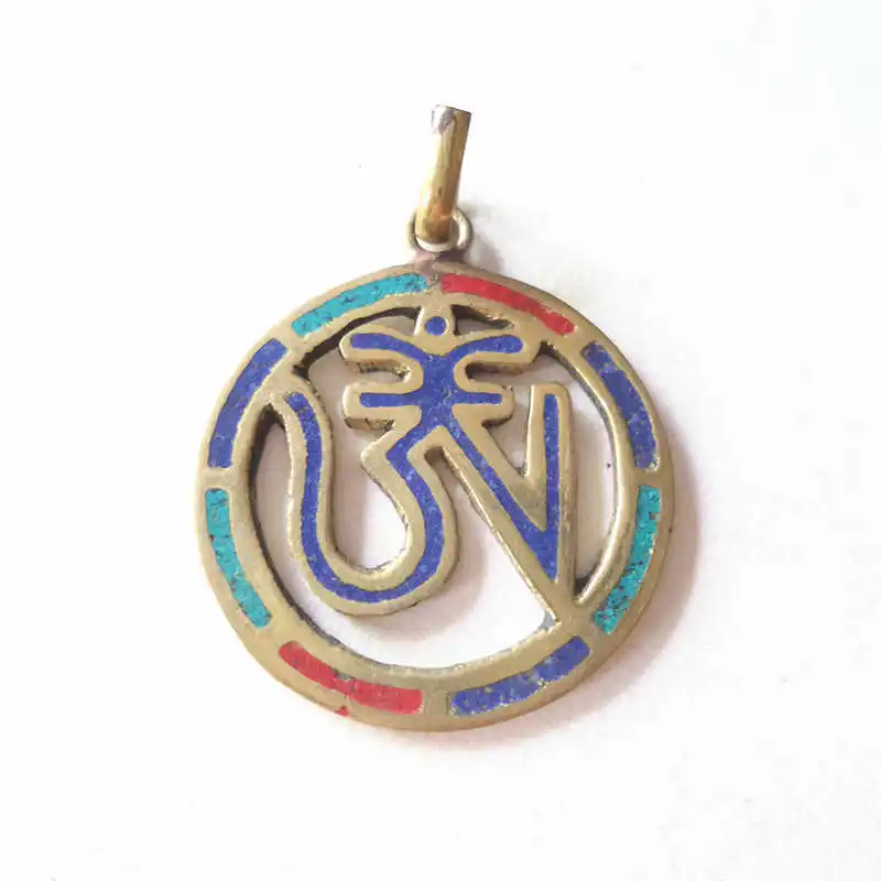 TBP268 Tibetan OM Mantras Amulet Pendants brass inlaid Colorful Stone