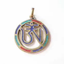 TBP268 Tibetan OM Mantras Amulet Pendants brass inlaid Colorful Stone