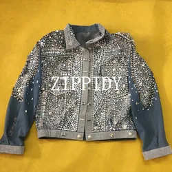 Fashion Rhinestones Pearls Jacket Outfit Nightclub Dance Costume Heavy denim jacket Stage Wear Female Singer Outerwear