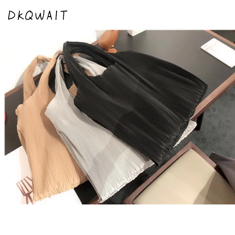 HOT New Black Color Knitting Double Straps Spliced Pleated High Capacity Causal Tote Shoulder Bag Handbag All Match