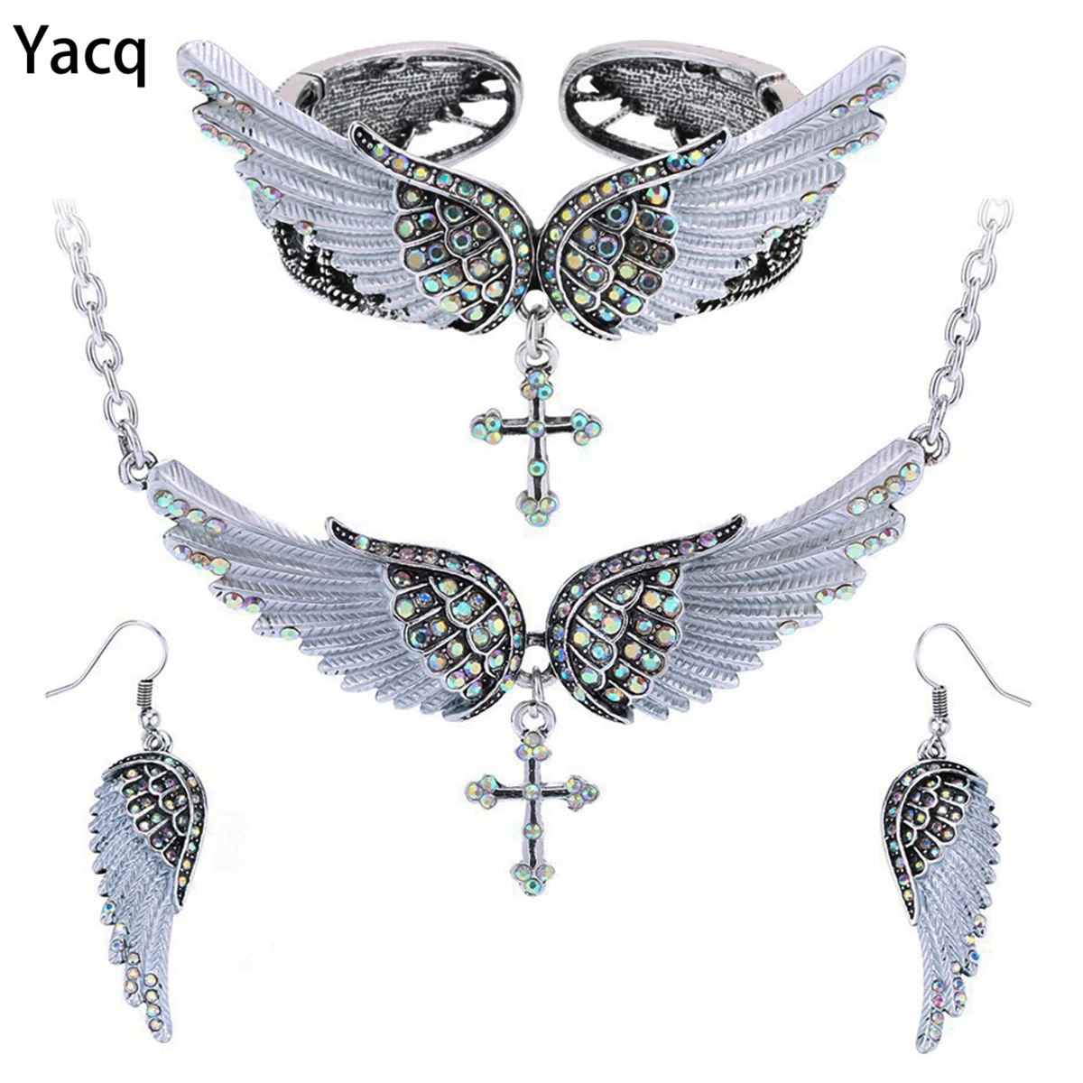 Yacq Angel Wing Cross Necklace Earrings Bracelet Set Women Biker Jewelry Birthday Gifts Her Mom Wife Girlfriend Dropshipping