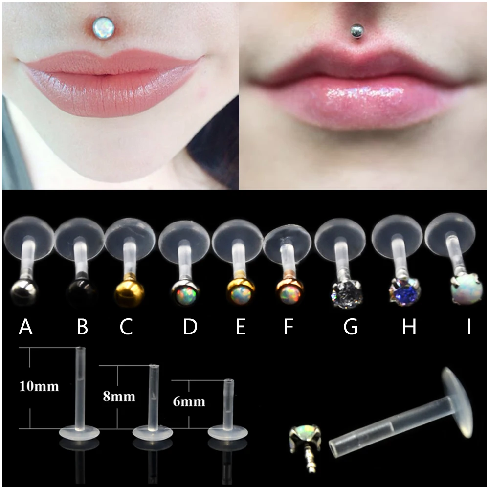 Showlove-1Piece Surgical Steel Bioplast Labret Ear Tragus Cartilage Earring Lip Ring Zircon Opal Stone Piercing Body Jewelry 16G