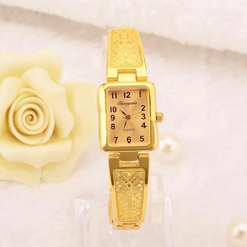 Gold/Silver Women Vintage Luxury Watches Elegant Quartz Fashion Rectangle Dial Watch Carved Pattern Bracelet Casual WristWatches