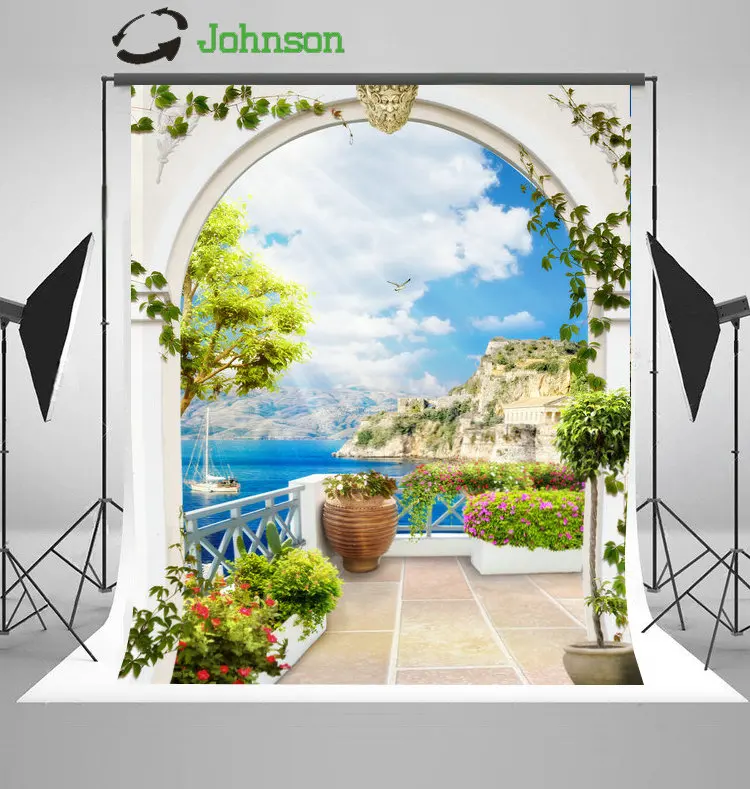 

Sky Clouds Mountain Flower Leaves Coastal Patio Arch Door backdrop polyester or Vinyl cloth Computer print wedding background