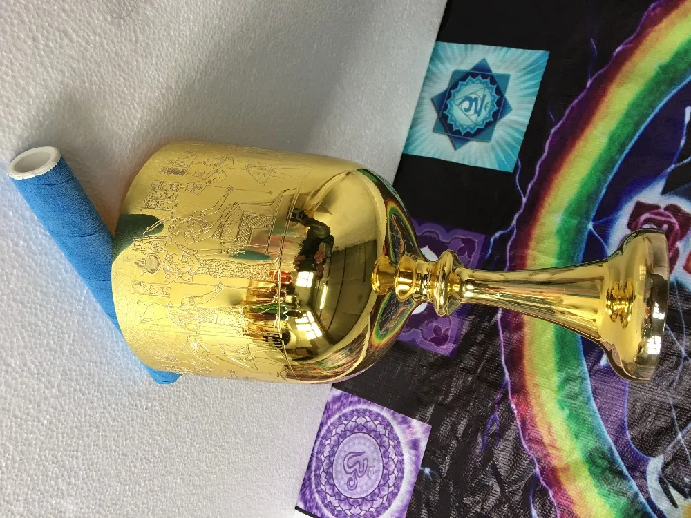 alchemy golden crystal singing bowl with Egyptian carved with 4th octave perfect C or D or C# note about 6.5