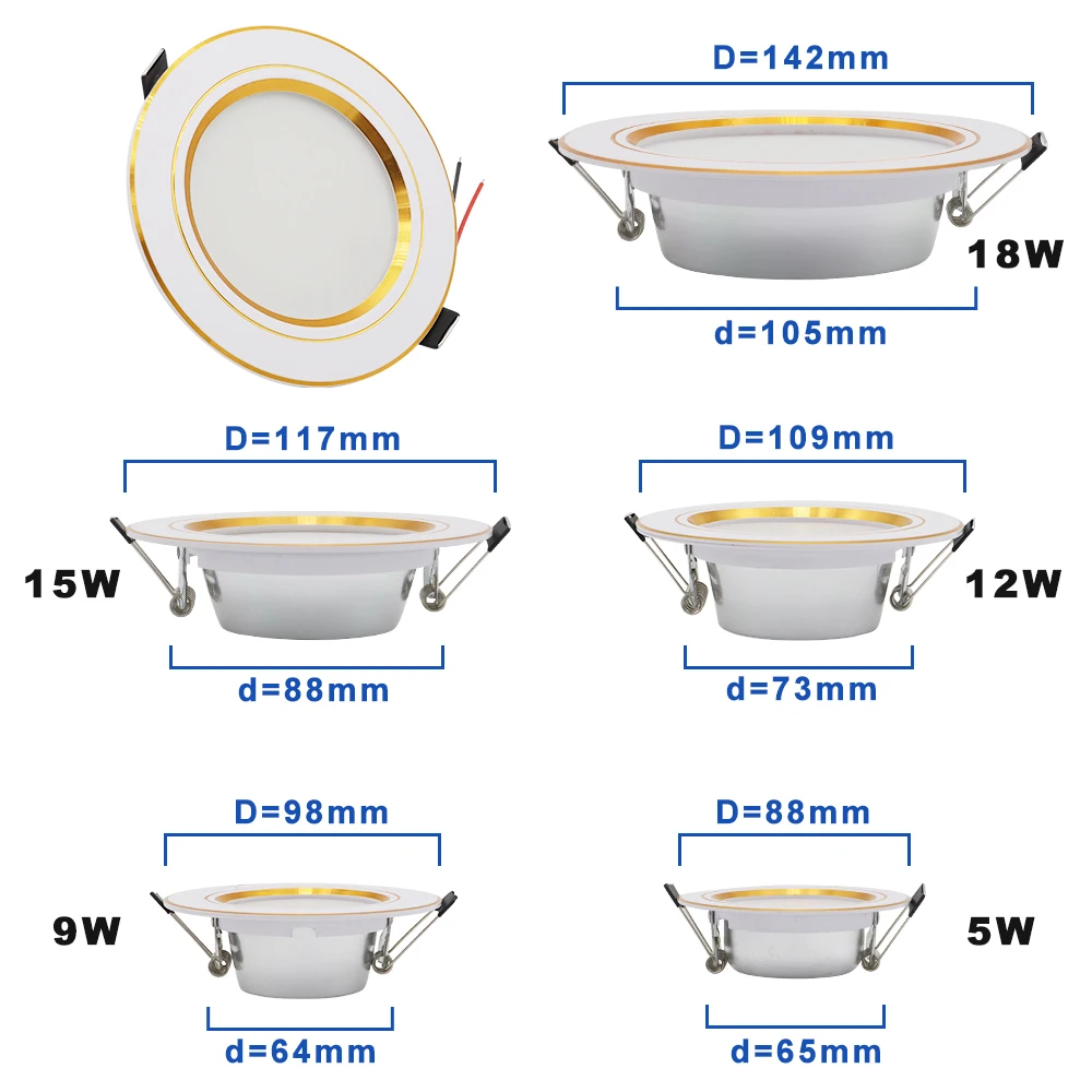 220v ac led埋め込み式円形天井ランプ,ゴールデンとシルバーの色,温かみのある白色光,5/9/12/15/18 w