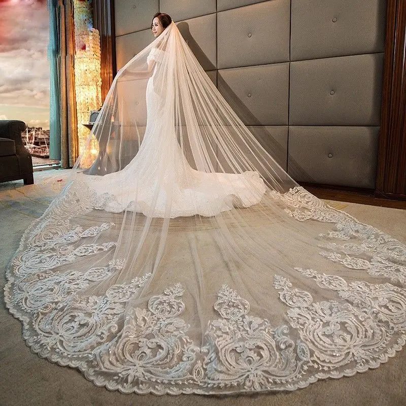 Imagem real Véus De Casamento Comprimento Catedral Marfim Branco Acessórios De Noiva Apliques De Renda Simples Com Pente 1T 3M Custom Made Veil