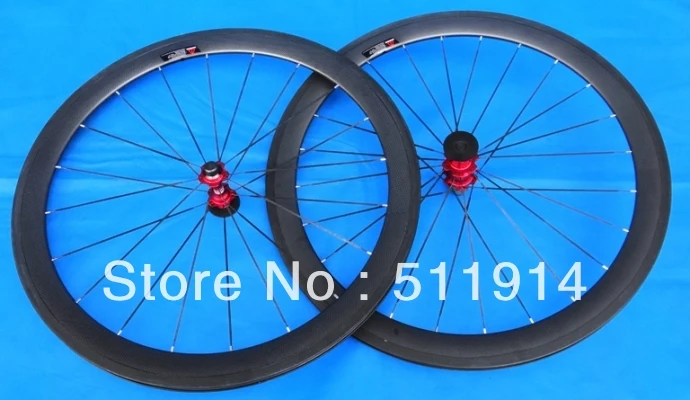 Full Carbon Road Bike Clincher Wheelset 700C - 50mm - black spoke - red hubs