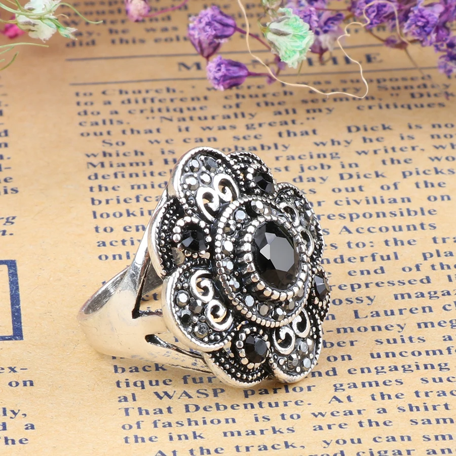 Turkish Antique Gold Crystal Flower Rings For Women Black Stone Silver Color Gothic Ring Vintage Accessories Bohemian Jewelry