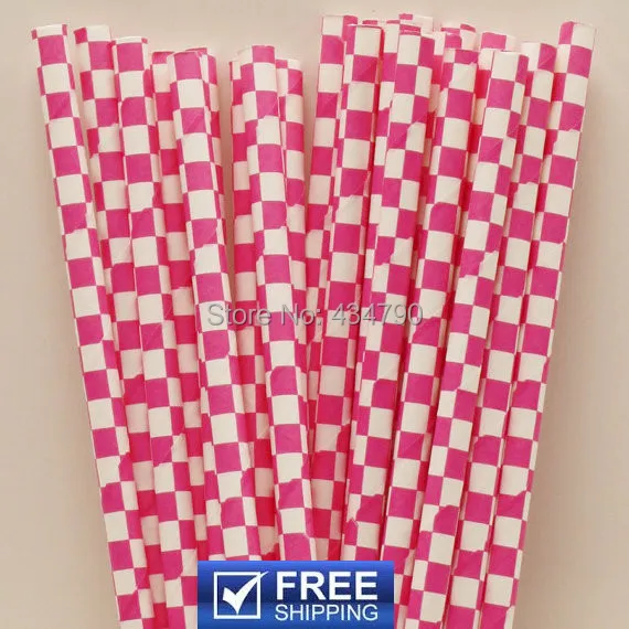 200 Pcs Hot Pink Checkered Paper Straws,Girls Birthday Cake Pop Sticks,Checker Retro Party Supplies Decorations