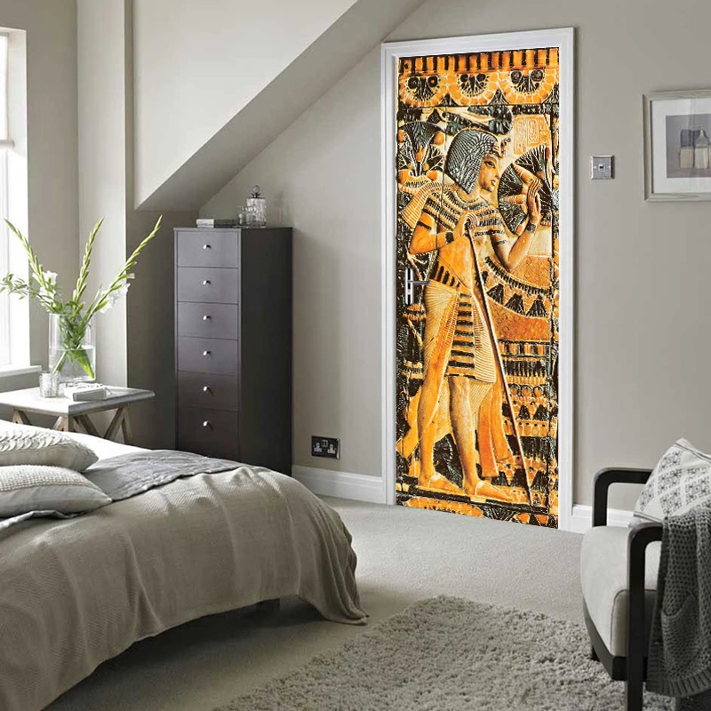 Door Sticker Waterproof Self-adhesive Mural Wallpaper Egyptian Pharaoh Wall Painting Living Room Bedroom Door Stickers Decor 3D