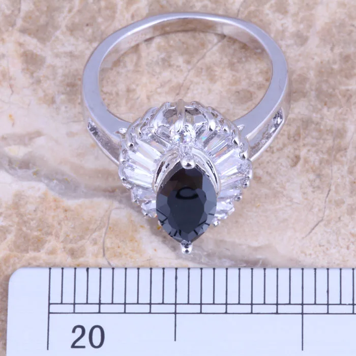 Delightful Black Cubic Zirconia White CZ Silver Plated  Women's Ring Size 6 / 7 / 8 / 9 R1418