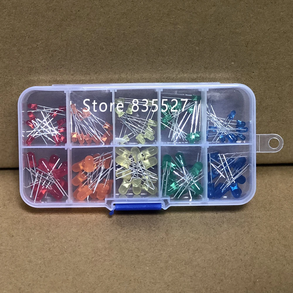 100pcs/box F5 5MM + F3 3MM in Sets Kit Mixed 5 Color : Red / Orange / Yellow / Green / Blue LED light emitting diode turn DIP