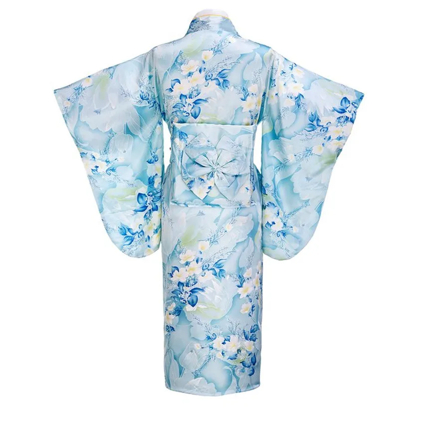 Light blue Fashion Japanese Women Tradition Yukata Silk Rayon Kimono With Obi Flower Vintage Cosplay Costume One size