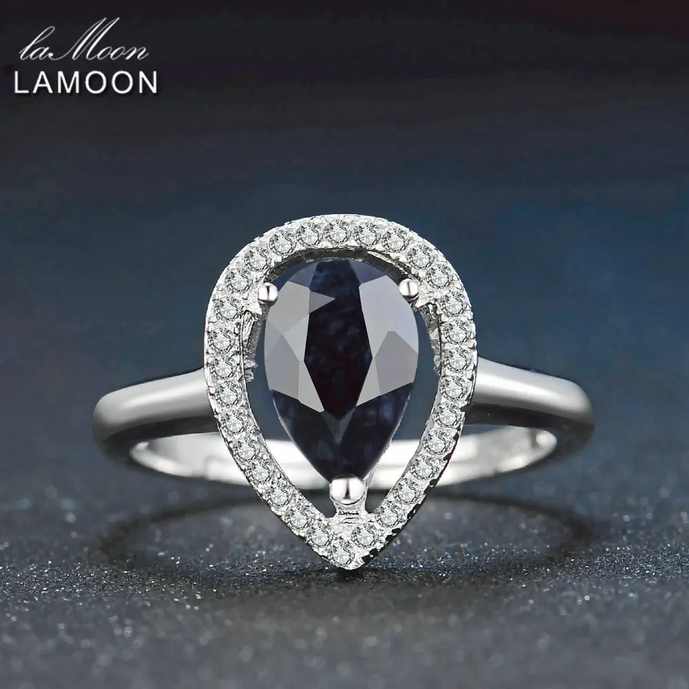 Lamoon 6X9mm Teardrop 100% Dark Blue Color Real Burma Black Sapphire 925 Sterling Silver Ring with  S925 For Women LMRI054