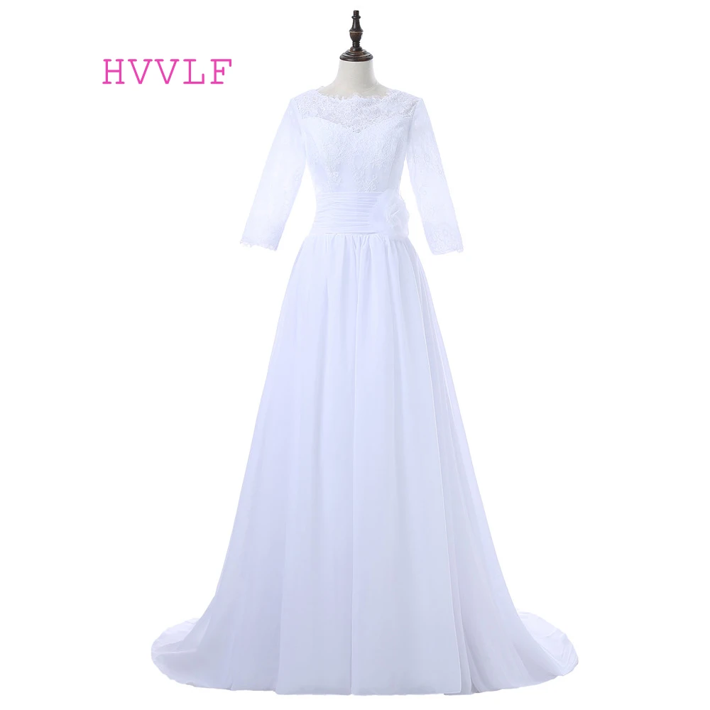 

Cheap Vestido De Noiva Wedding Dresses A-line 3/4 Sleeves Chiffon Lace Flowers Beach Boho Wedding Gown Bridal Dresses