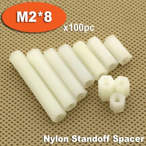 100pcs M2 x 8mm White Plastic Nylon Hexagon Hex Female Thread Nuts Standoff Spacer Pillars