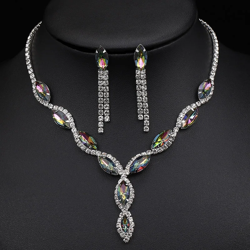 BLIJERY Charm Floral Tassel Bridal Jewelry Sets Colorful Crystal Rhinestone Long Necklace Earrings Wedding Jewelry Sets for Wome