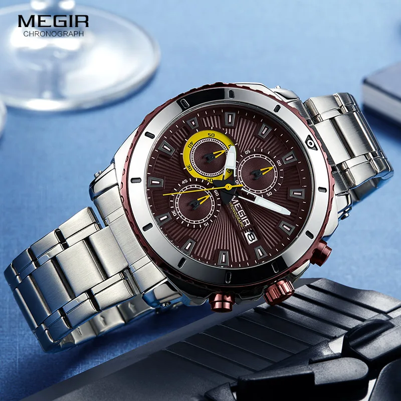 MEGIR Men\'s Formal Dress Quartz Watches Stainless Steel Strap Chronograph Wristwatch for Man Blue Dial Luminous Hands 2075G-10