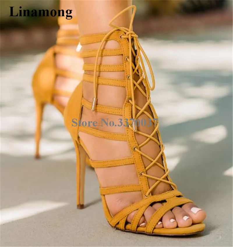 Women Summer New Fashion Open Toe Suede Leather Lace-up Gladiator Sandals Cut-out Thin Straps High Heel Sandals Dress Shoes